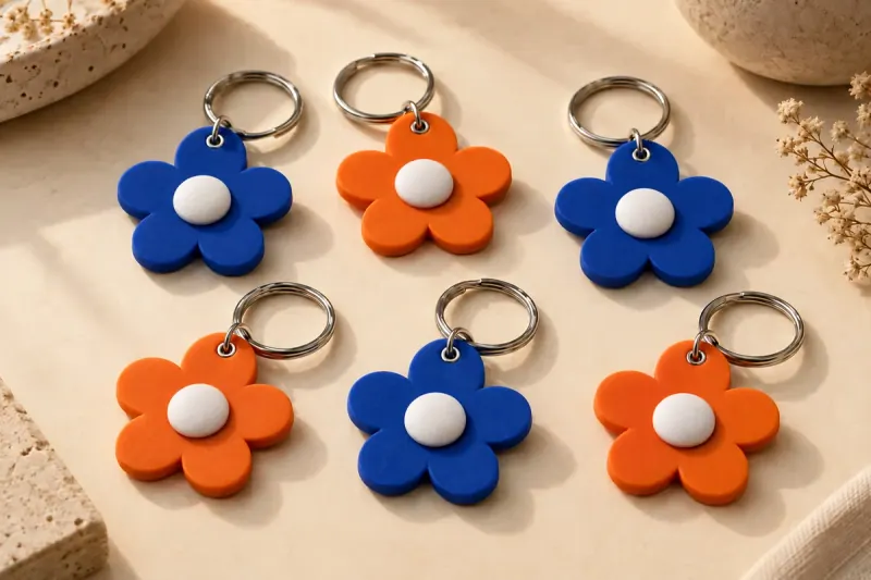 Série de chaveiros de flor finalizados em azul e laranja