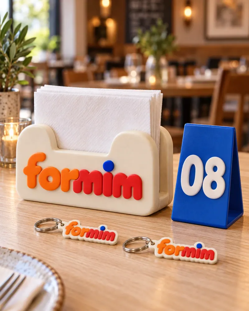 Porta-guardanapos com a marca Formim, identificador de mesa e pequenos chaveiros personalizados